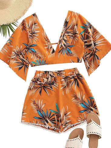 SweatyRocks Women's 2 Piece Boho Butterfly Sleeve Knot Front Crop Top with Shorts Set in Saudi Arabia