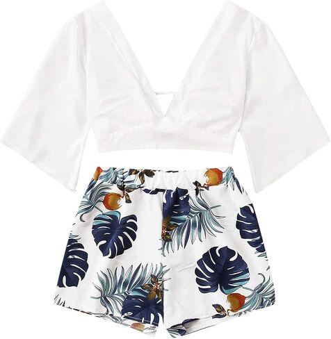 SweatyRocks Women's 2 Piece Boho Butterfly Sleeve Knot Front Crop Top with Shorts Set in Saudi Arabia