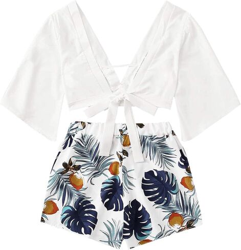 SweatyRocks Women's 2 Piece Boho Butterfly Sleeve Knot Front Crop Top with Shorts Set in Saudi Arabia