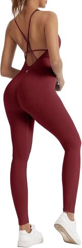 Fisoew Womens One Piece Backless Jumpsuits Casual Spaghetti Straps Bodycon Ribbed Seamless Unitard Leggings Romper in Saudi Arabia