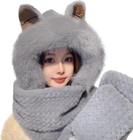 haozaikeji Winter Animal Hood Scarf Hat 3-in-1 Multi-Functional Animal Hat Faux Fur Winter Hat Novelty Hat with Paw Pocket in Saudi Arabia
