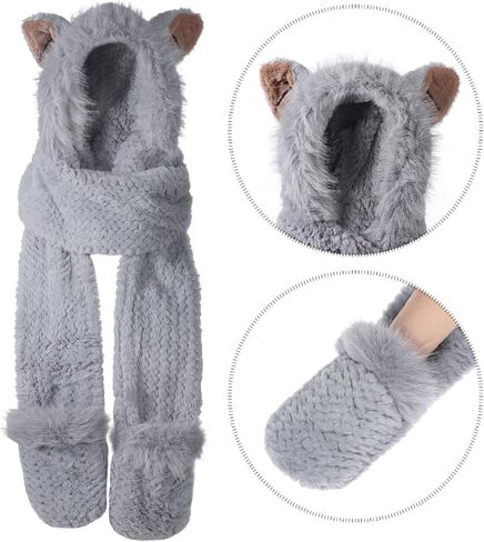 haozaikeji Winter Animal Hood Scarf Hat 3-in-1 Multi-Functional Animal Hat Faux Fur Winter Hat Novelty Hat with Paw Pocket in Saudi Arabia