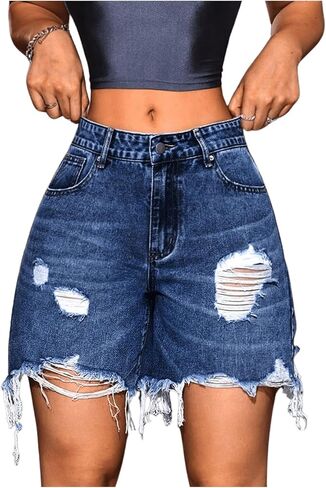 MakeMeChic Women's Ripped Raw Trim Jean Shorts Drop Waist Casual Bermuda Denim Shorts in Saudi Arabia