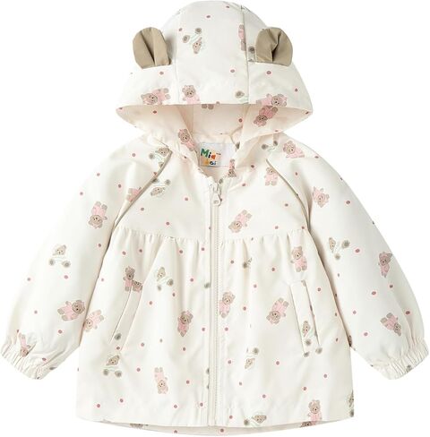 Mud Kingdom Girls Hooded Jacket Long Sleeve Cartoon Bear Print Outerwear Pocket Zipper Cute in Saudi Arabia