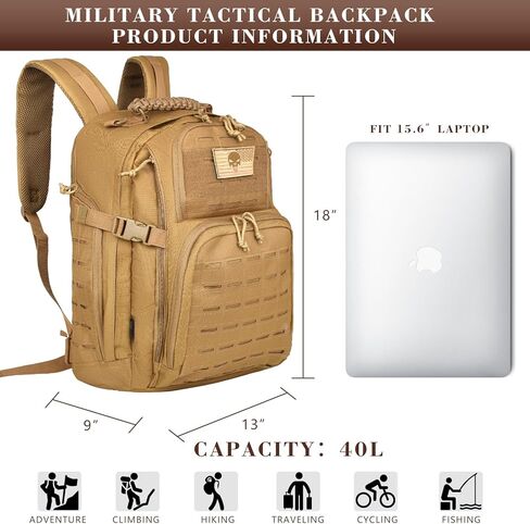 حقيبة ظهر تكتيكية عسكرية سعة 40 لتر للرجال، حقيبة ظهر للعمل من Molle EDC للمشي لمسافات طويلة، حزمة هجوم للجيش 3 أيام وحقيبة للحشرات مع حجرة المثانة المائية (05-كاكي) in Kuwait