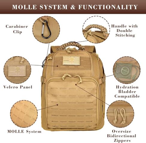 حقيبة ظهر تكتيكية عسكرية سعة 40 لتر للرجال، حقيبة ظهر للعمل من Molle EDC للمشي لمسافات طويلة، حزمة هجوم للجيش 3 أيام وحقيبة للحشرات مع حجرة المثانة المائية (05-كاكي) in Kuwait