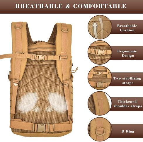 حقيبة ظهر تكتيكية عسكرية سعة 40 لتر للرجال، حقيبة ظهر للعمل من Molle EDC للمشي لمسافات طويلة، حزمة هجوم للجيش 3 أيام وحقيبة للحشرات مع حجرة المثانة المائية (05-كاكي) in Kuwait