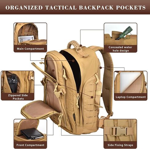 حقيبة ظهر تكتيكية عسكرية سعة 40 لتر للرجال، حقيبة ظهر للعمل من Molle EDC للمشي لمسافات طويلة، حزمة هجوم للجيش 3 أيام وحقيبة للحشرات مع حجرة المثانة المائية (05-كاكي) in Kuwait