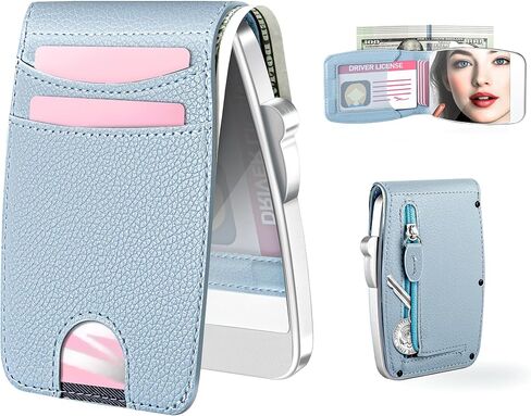 Wallet Women RFID Blocking Wallet with ID Windows, Pop-up Case, Cash Slot, Credit Card Minimalist Wallet with Mirror and Coin Pocket(Blue) in Saudi Arabia