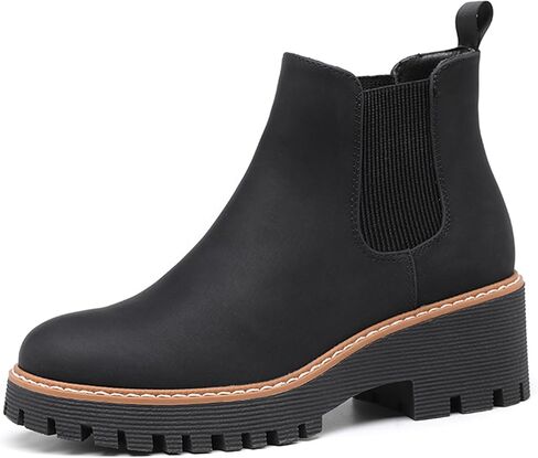 DECARSDZ Womens Chunky Platform Chelsea Boot With Elastic Low Wedge Heel Slip On For Fall Work Suede Leather Classic Style Ankle Boots Women in Kuwait