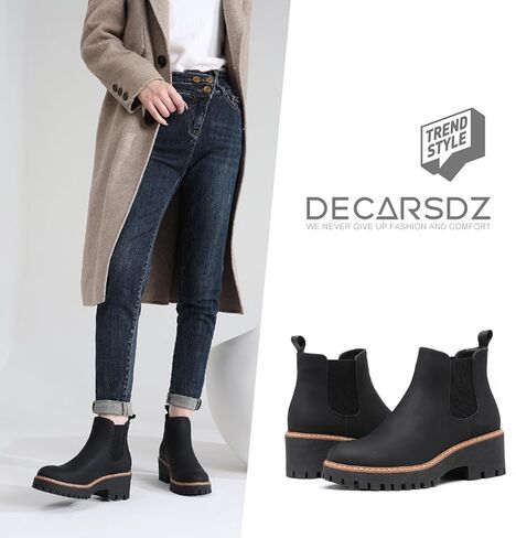 DECARSDZ Womens Chunky Platform Chelsea Boot With Elastic Low Wedge Heel Slip On For Fall Work Suede Leather Classic Style Ankle Boots Women in Kuwait