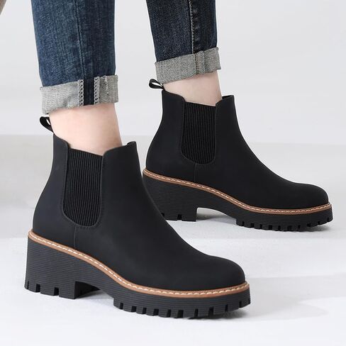 DECARSDZ Womens Chunky Platform Chelsea Boot With Elastic Low Wedge Heel Slip On For Fall Work Suede Leather Classic Style Ankle Boots Women in Kuwait