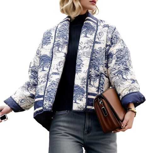 Duyang Women's Cropped Puffer Jacket Lightweight Floral Printed Open Front Quilted Coat Winter Warm Outwear in Saudi Arabia