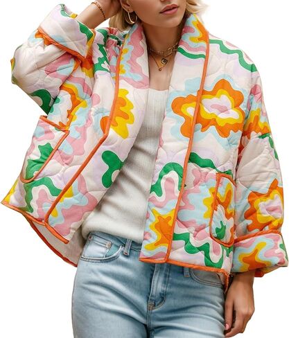 Duyang Women's Cropped Puffer Jacket Lightweight Floral Printed Open Front Quilted Coat Winter Warm Outwear in Saudi Arabia