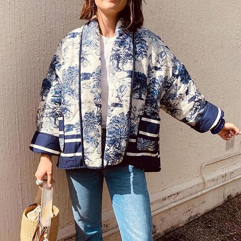 Duyang Women's Cropped Puffer Jacket Lightweight Floral Printed Open Front Quilted Coat Winter Warm Outwear in Saudi Arabia