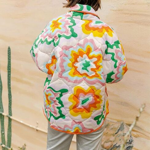 Duyang Women's Cropped Puffer Jacket Lightweight Floral Printed Open Front Quilted Coat Winter Warm Outwear in Saudi Arabia