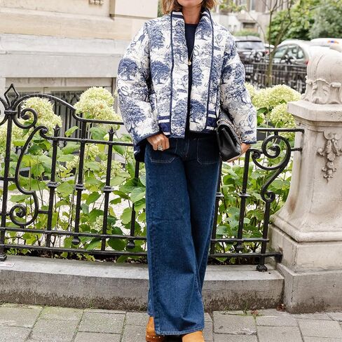 Duyang Women's Cropped Puffer Jacket Lightweight Floral Printed Open Front Quilted Coat Winter Warm Outwear in Saudi Arabia