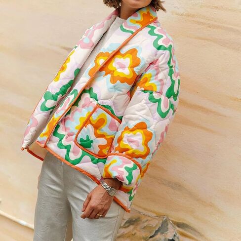 Duyang Women's Cropped Puffer Jacket Lightweight Floral Printed Open Front Quilted Coat Winter Warm Outwear in Saudi Arabia