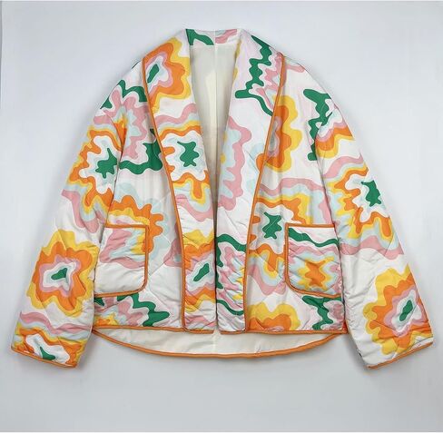 Duyang Women's Cropped Puffer Jacket Lightweight Floral Printed Open Front Quilted Coat Winter Warm Outwear in Saudi Arabia