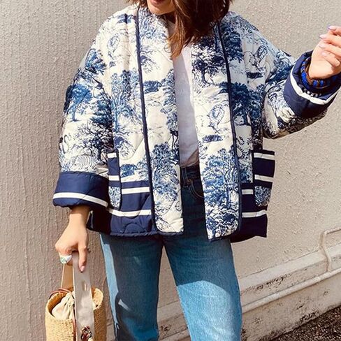 Duyang Women's Cropped Puffer Jacket Lightweight Floral Printed Open Front Quilted Coat Winter Warm Outwear in Saudi Arabia