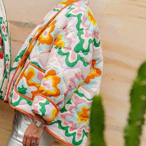 Duyang Women's Cropped Puffer Jacket Lightweight Floral Printed Open Front Quilted Coat Winter Warm Outwear in Saudi Arabia