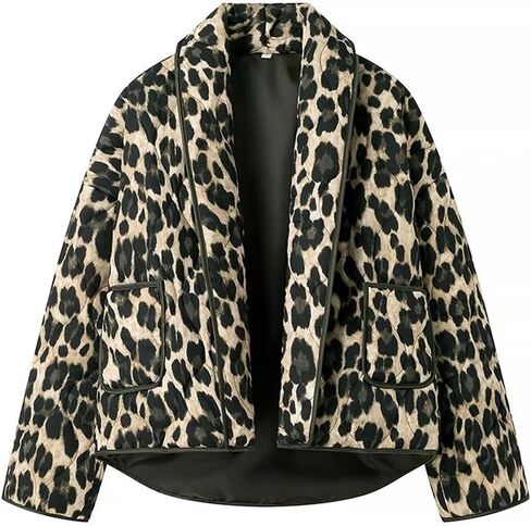 Womens Lightweight Quilted Puffer Jacket Leopard Print Oversized Long Sleeve Packable Short Down Coat in Kuwait