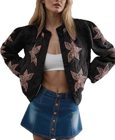 OPCAKM Women's Cropped Puffer Jacket Lightweight Flower Embroidery Quilted Outerwear Coats in Kuwait