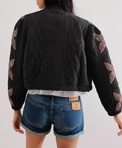 OPCAKM Women's Cropped Puffer Jacket Lightweight Flower Embroidery Quilted Outerwear Coats in Kuwait