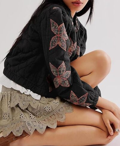 OPCAKM Women's Cropped Puffer Jacket Lightweight Flower Embroidery Quilted Outerwear Coats in Kuwait