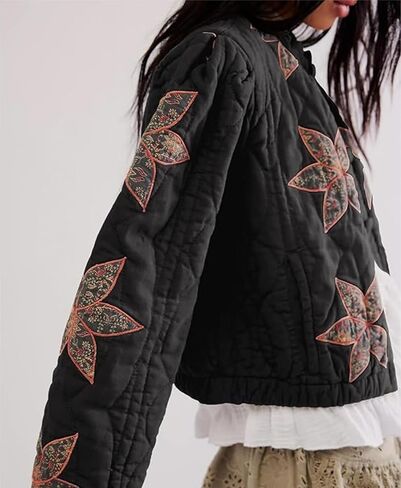 OPCAKM Women's Cropped Puffer Jacket Lightweight Flower Embroidery Quilted Outerwear Coats in Kuwait