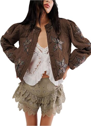 OPCAKM Women's Cropped Puffer Jacket Lightweight Flower Embroidery Quilted Outerwear Coats in Saudi Arabia