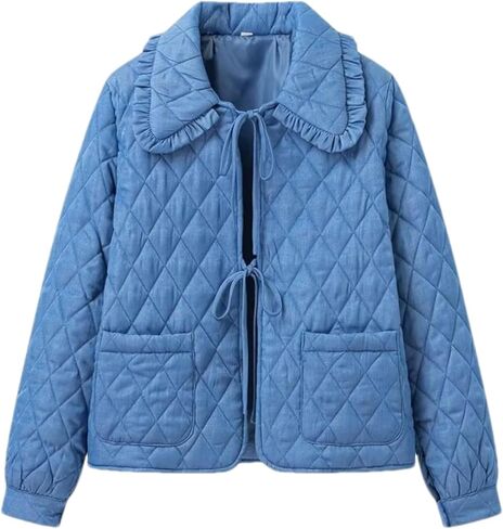 Women's Quilted Lightweight Jackets Long Sleeve Winter Cropped Cotton Padded Coat Jacket Tie Front Puffy Outwear in Saudi Arabia