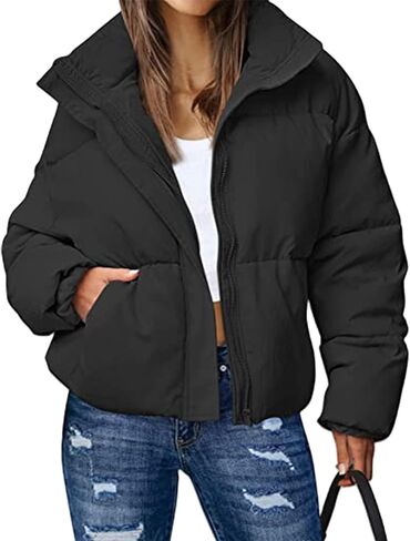 Flygo Womens Cropped Puffer Jacket Zip Up Stand Collar Lightweight Quilted Padded Down Winter Warm Jackets Coats with Pockets in Kuwait