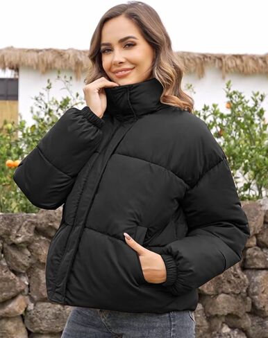 Flygo Womens Cropped Puffer Jacket Zip Up Stand Collar Lightweight Quilted Padded Down Winter Warm Jackets Coats with Pockets in Kuwait