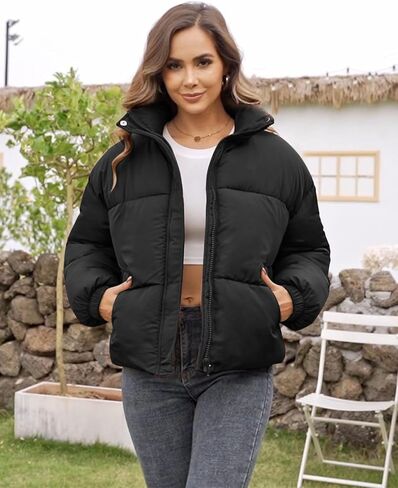 Flygo Womens Cropped Puffer Jacket Zip Up Stand Collar Lightweight Quilted Padded Down Winter Warm Jackets Coats with Pockets in Kuwait