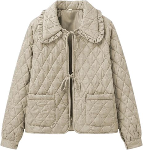 Women's Quilted Lightweight Jackets Long Sleeve Winter Cropped Cotton Padded Coat Jacket Tie Front Puffy Outwear in Saudi Arabia