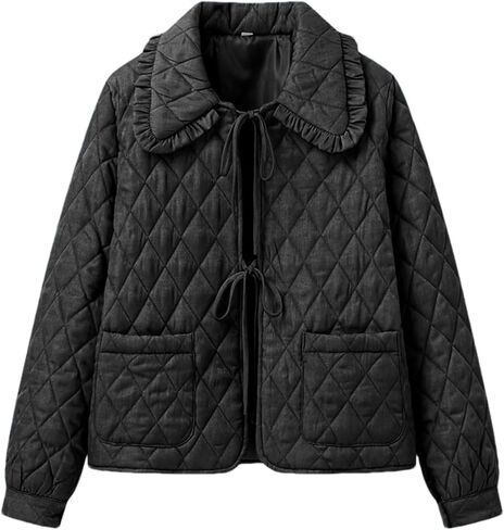 Women's Quilted Lightweight Jackets Long Sleeve Winter Cropped Cotton Padded Coat Jacket Tie Front Puffy Outwear in Saudi Arabia