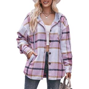 Women's Hooded Long Sleeve Classic Plaid Shirt Button Casual Jacket Cardigan Woolen Coat With Side Pockets