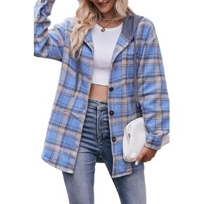 Women's Hooded Long Sleeve Classic Plaid Shirt Button Casual Jacket Cardigan Woolen Coat With Side Pockets in Saudi Arabia