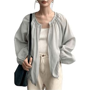 SweatyRocks Women's Lantern Sleeve Zipper Casual Lightweight Jacket Mesh Sheer Bomber Jackets