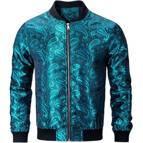 Hi-Tie Mens Paisley Lightweight Bomber Jacket Casual Windbreaker Warm Outerwear Fashion Zipper Coat with Pockets