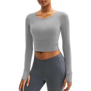 MAGCOMSEN Women's Long Sleeve Crop Workout Tops Slim Fit Yoga Gym Shirts Athletic with Thumb Holes