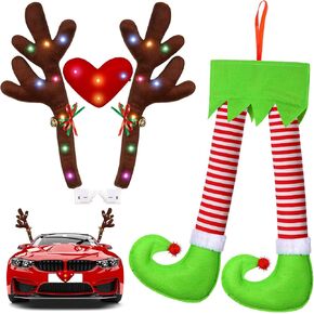 2 Pieces Car Reindeer Antler Kit Christmas Decorations with LED Lights Hanging Santa Claus Legs and Deer Nose Star Candy Canes Auto Accessories for Christmas Car Decorations(Striped Style)