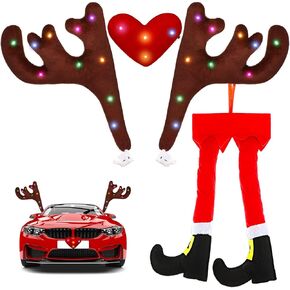 2 Pieces Car Reindeer Antler Kit Christmas Decorations with LED Lights Hanging Santa Claus Legs and Deer Nose Star Candy Canes Auto Accessories for Christmas Car Decorations(Antlers Style)