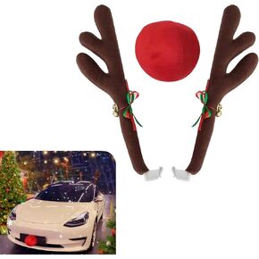 3 PCS Car Christmas Antlers Decoration, Elk Antlers Cute Soft Fabric Christmas Ornaments with Jingle Bells, Red Nose Set Holiday Accessories, Universal Trim for Cars (Brown & Red)