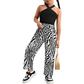 WDIRARA Toddler Girl's Knitted Halter Top and Cow Pattern Long Pants Set 2 Piece Summer Trendy Outfits
