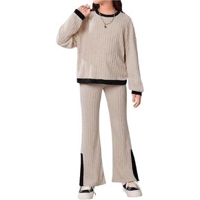 SweatyRocks Girl's 2 Piece Outfits Ribbed Knit Long Sleeve Crewneck Pullover Sweater Top and Split Pants Set
