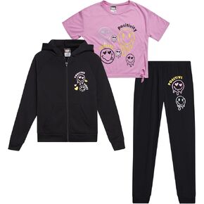 Girls Joggers Set - 3 Piece Zip Up Hoodie, Graphic Tee, and Jogger Pants - Girls' Activewear Fleece Jogset (7-8), Size 14/16, Black/Light Pink