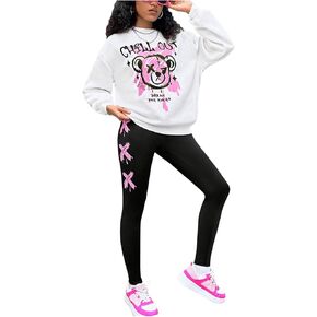 GORGLITTER Girl's 2 Pieces Set Graphic Print Long Sleeve Sweatshirt And Sports Pants Set Streetwear