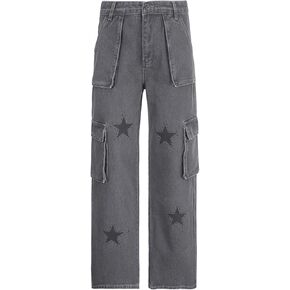 Womens Star Print Jeans Vintage Gray Denim Pants Y2K E-Girl Aesthetic Pants Classic Straight Leg Trousers